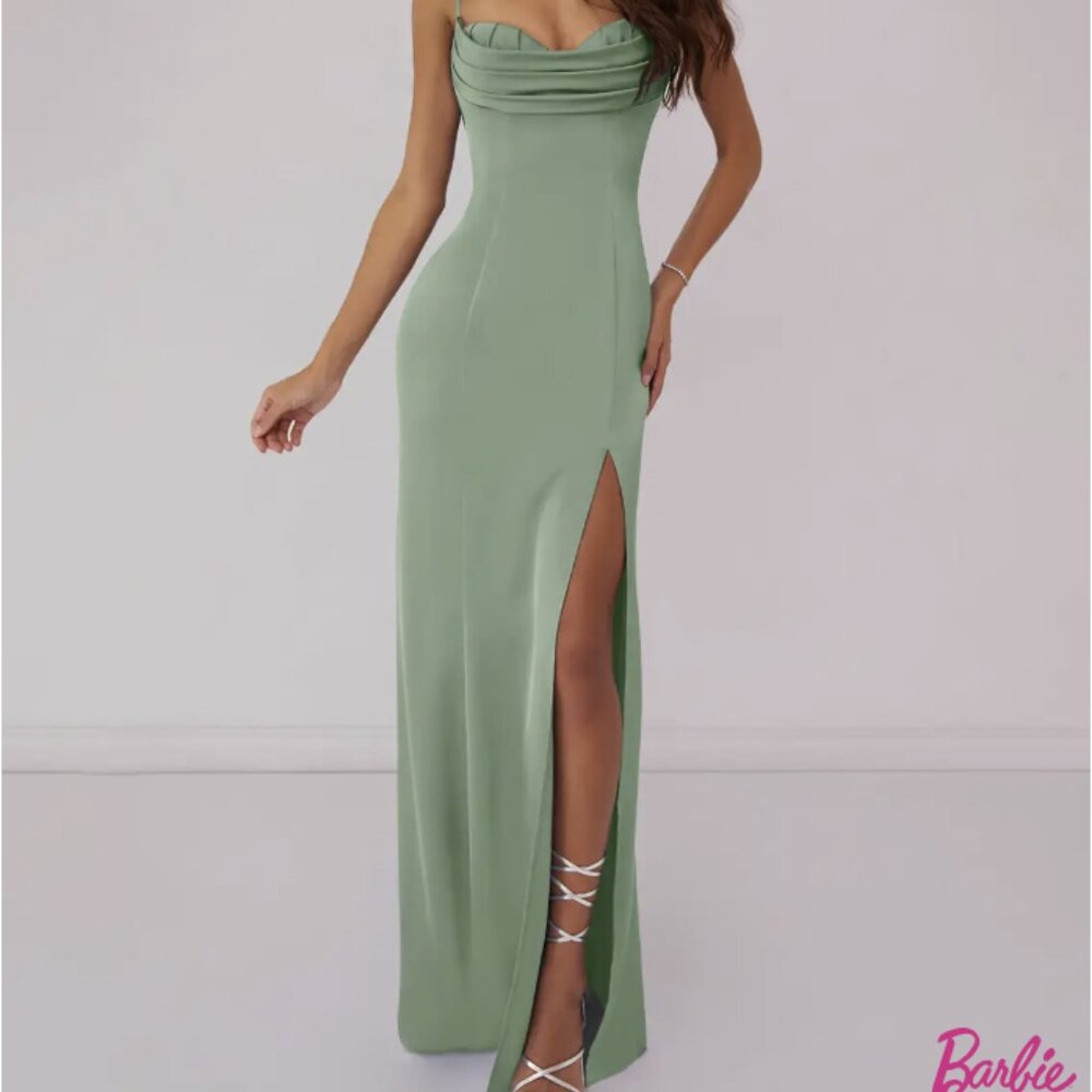 Barbie™ AZAZIE Stretch Lace Up Mermaid Stretch Satin Dress Matcha
